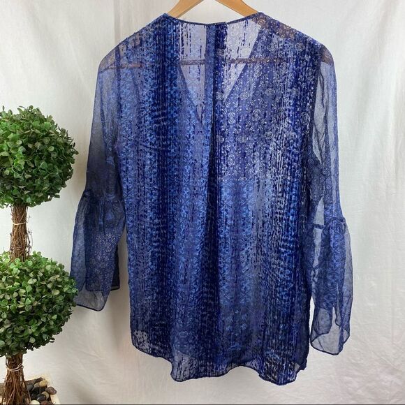 Ellie Tahari Blue Sheer Silk Blend Print Ruffle Bell Sleeveless Blouse Top S - Picture 4 of 8